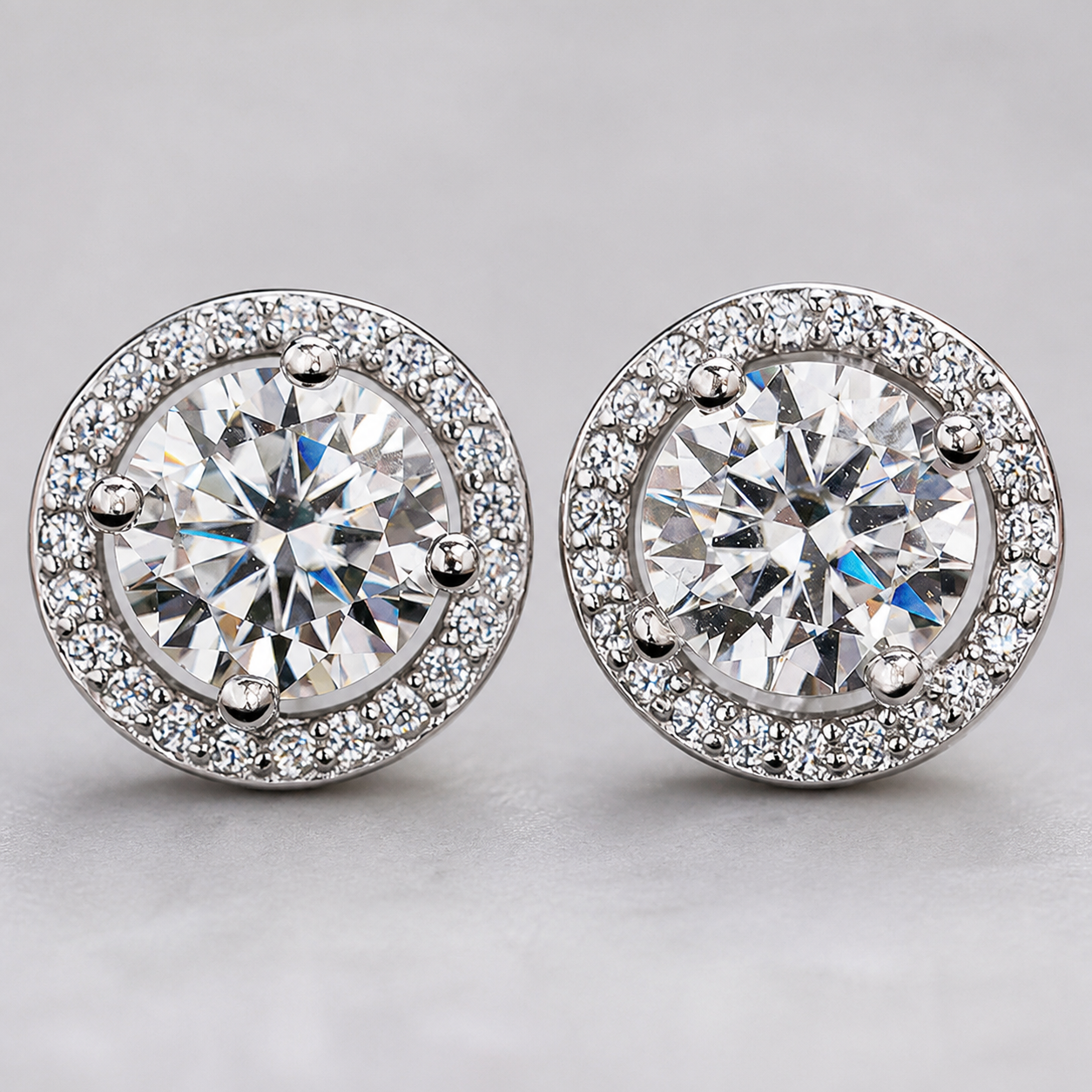 Macro detail of round center stones and circular halo settings