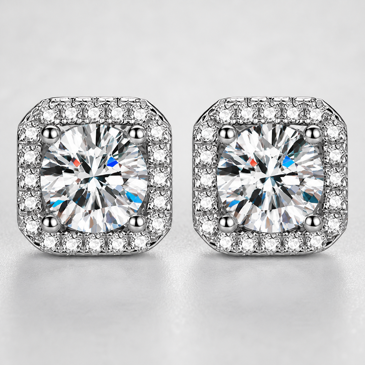Macro detail of round center stones and square halo settings