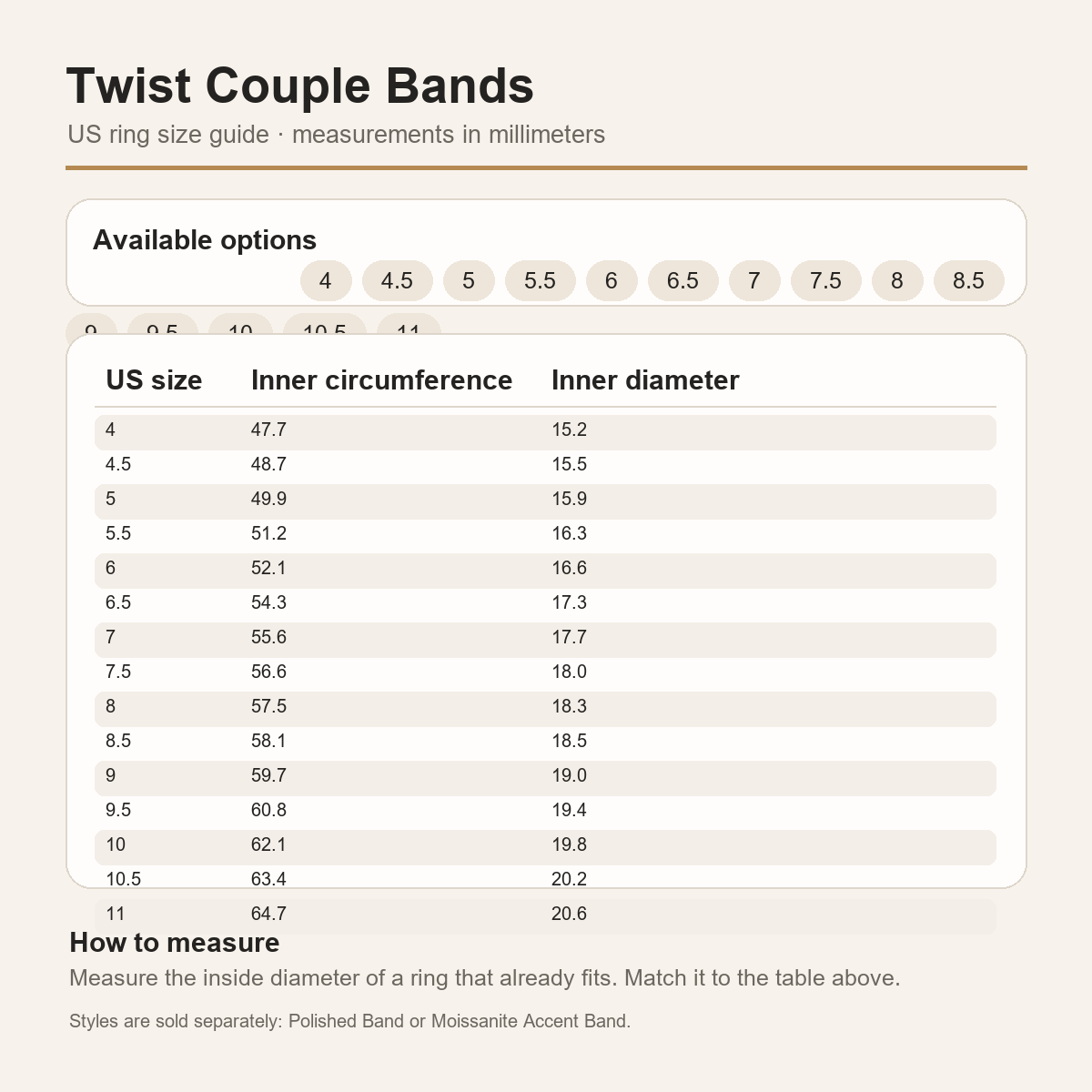 Gallery 2026 · Twist couple bands US size guide