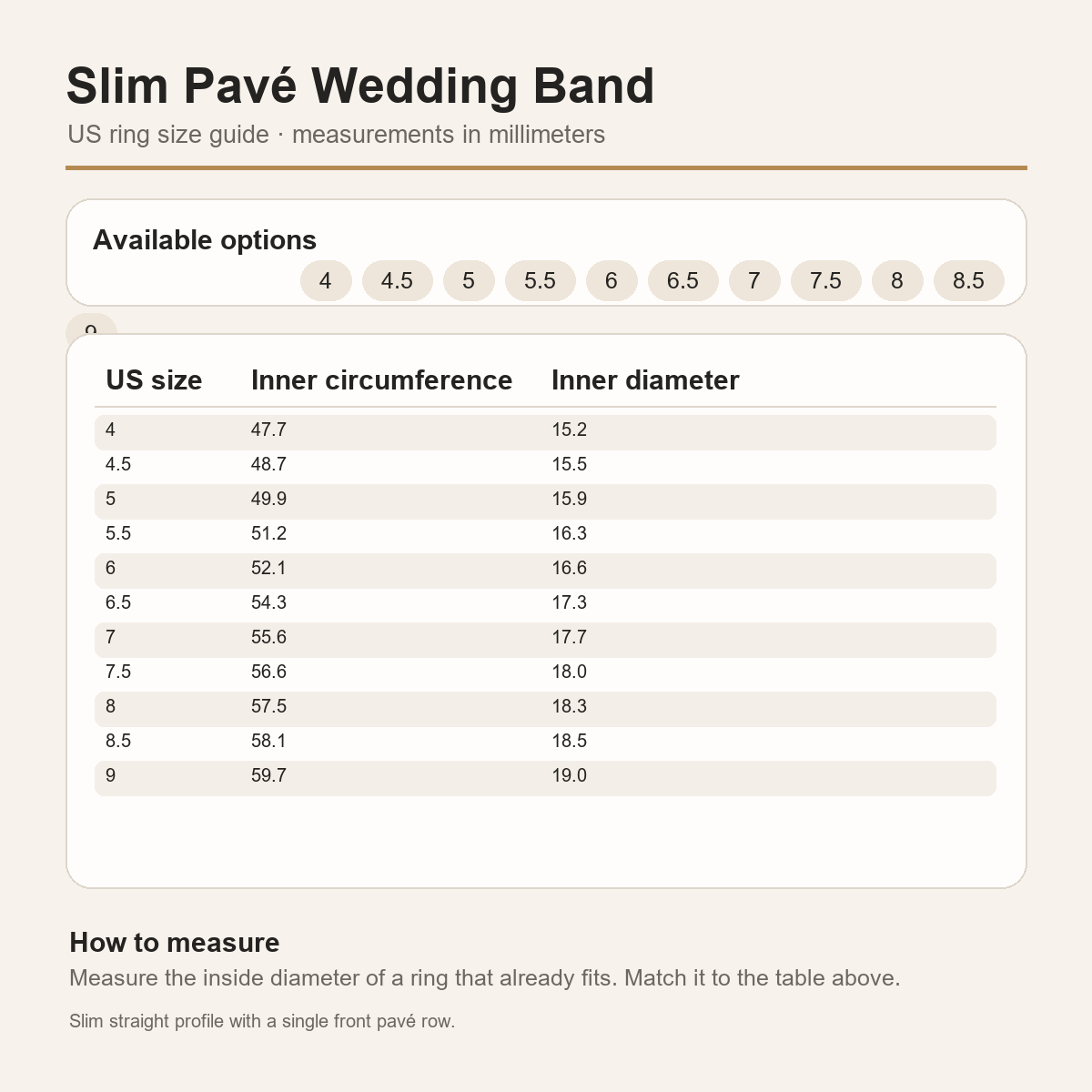 Gallery 2026 · Slim pavé wedding band US size guide