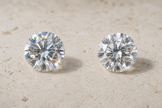 Illustrative loose moissanite with stronger rainbow fire beside a diamond with restrained white scintillation
