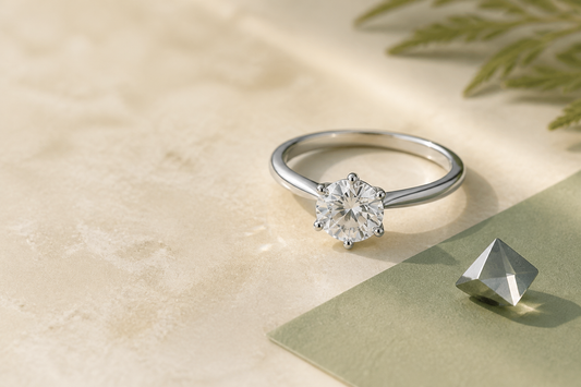 Six-prong lab-created moissanite ring on ivory and sage surfaces