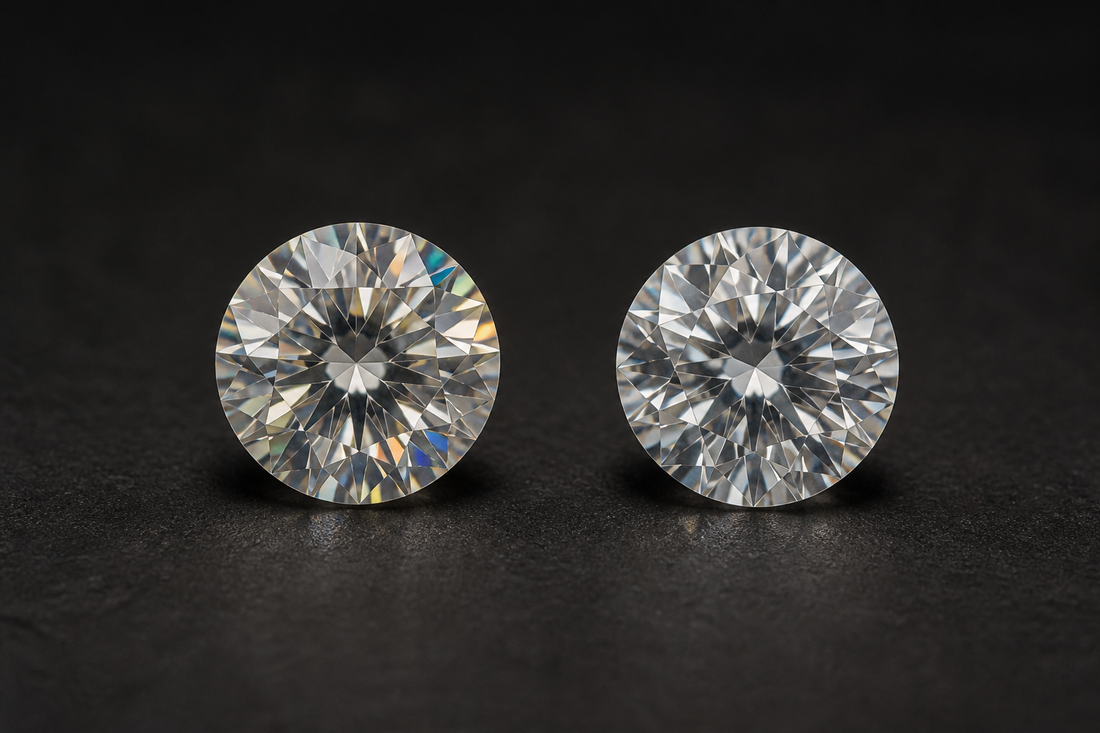 Illustrative side-by-side round stones showing stronger rainbow fire on moissanite and restrained white scintillation on diamond