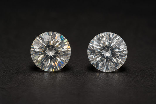 Illustrative side-by-side round stones showing stronger rainbow fire on moissanite and restrained white scintillation on diamond
