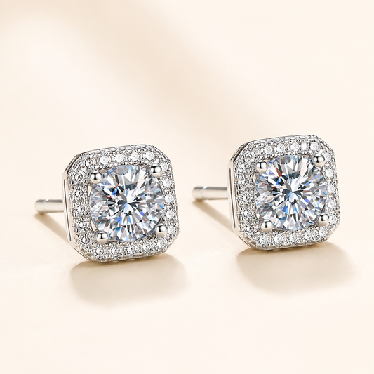 Studio detail of square halo moissanite stud earrings