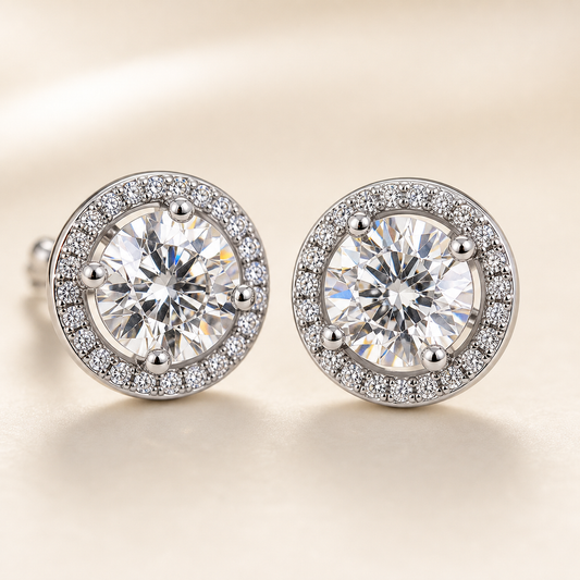 Studio detail of round halo moissanite stud earrings