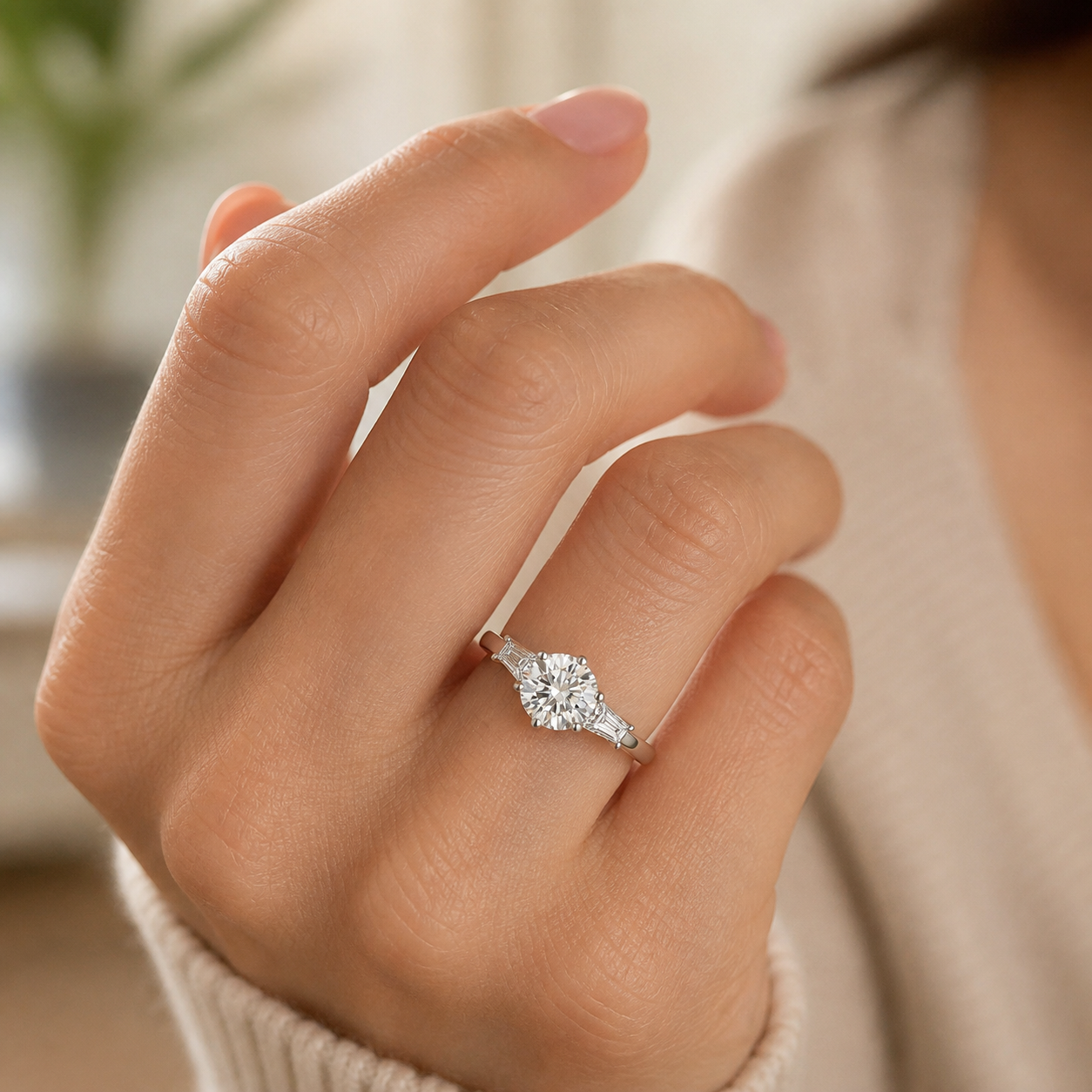 Six-prong moissanite ring with baguette side stones shown at a natural scale on the hand