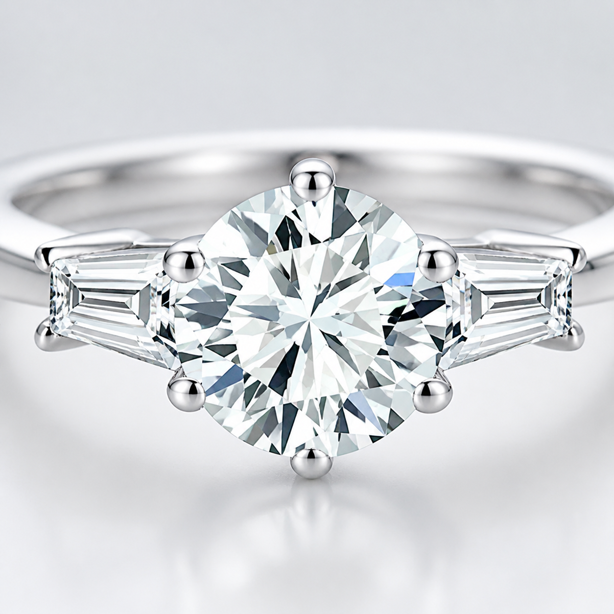 Macro detail of the six-prong center setting and two tapered baguette side stones
