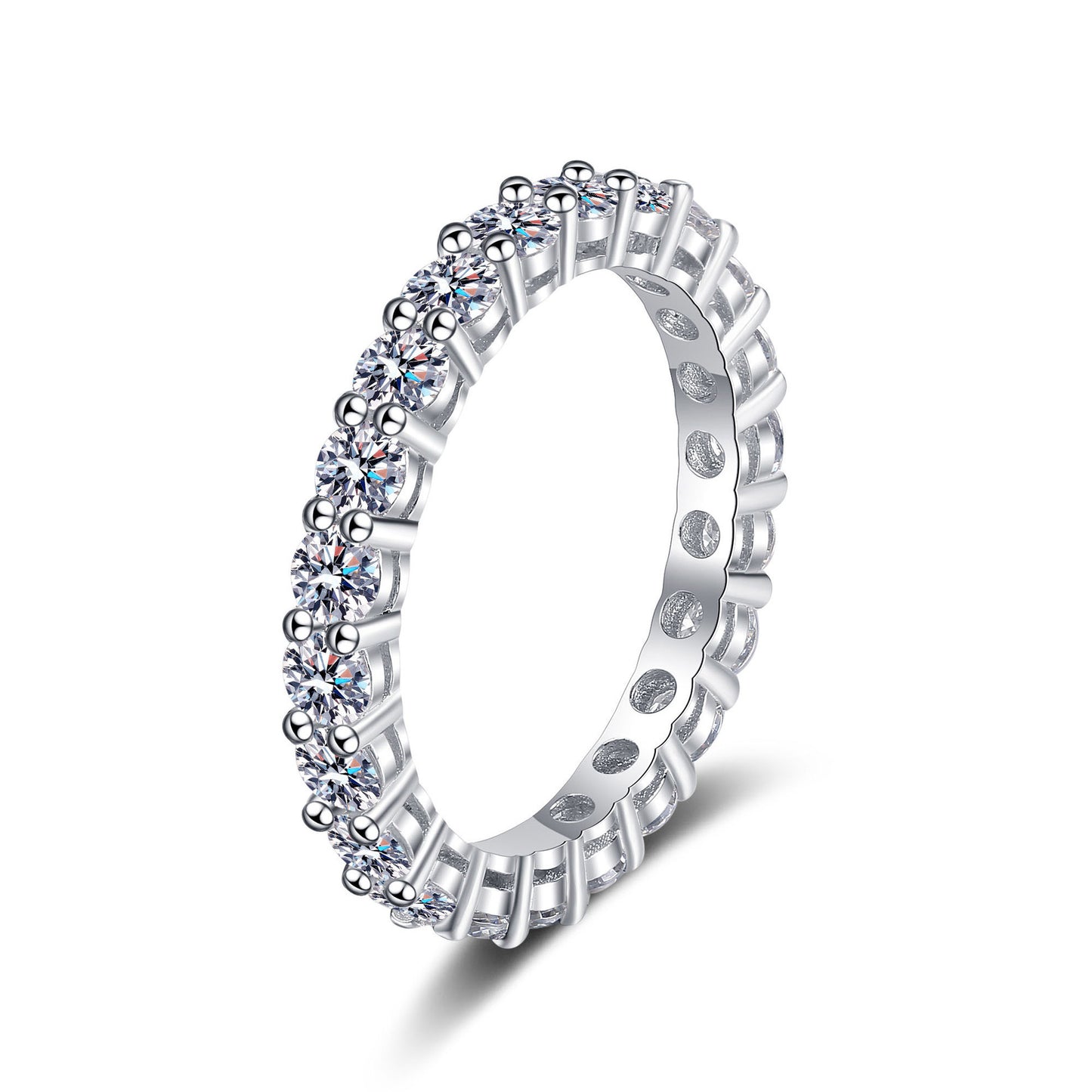 White round-stone full-eternity moissanite ring in polished silver
