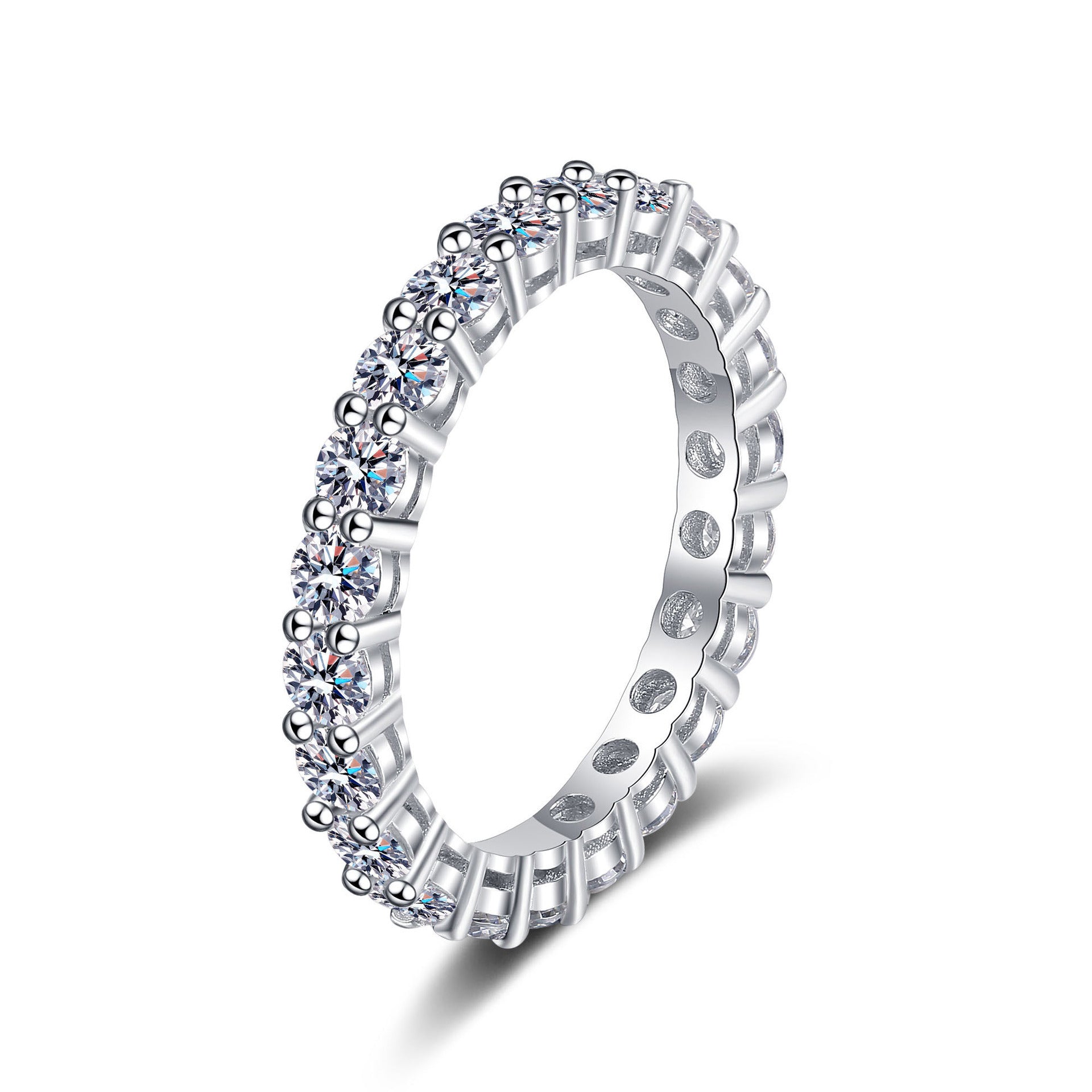 White round-stone full-eternity moissanite ring in polished silver