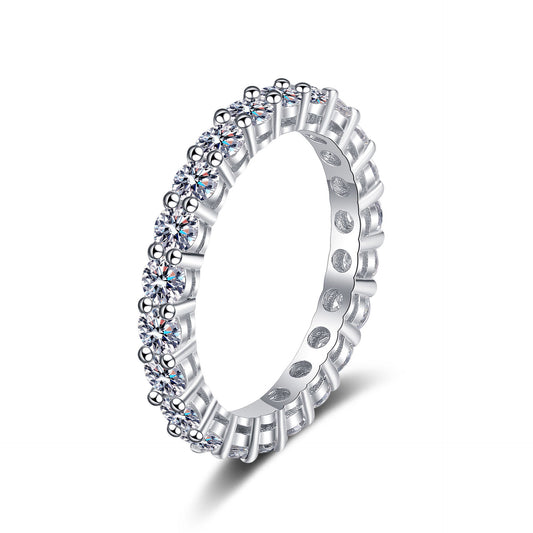 White round-stone full-eternity moissanite ring in polished silver