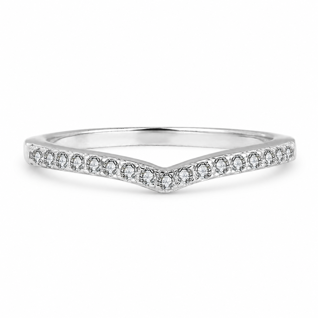 Slim V-shaped moissanite wedding band in polished silver
