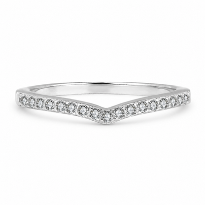 Slim V-shaped moissanite wedding band in polished silver