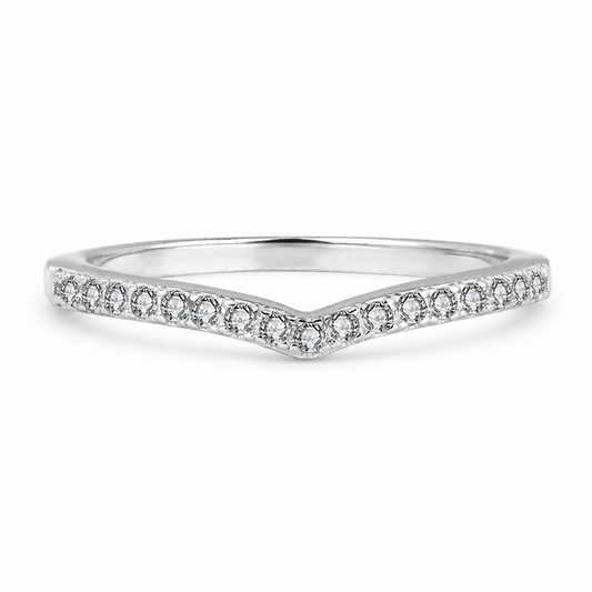 Slim V-shaped moissanite wedding band in polished silver