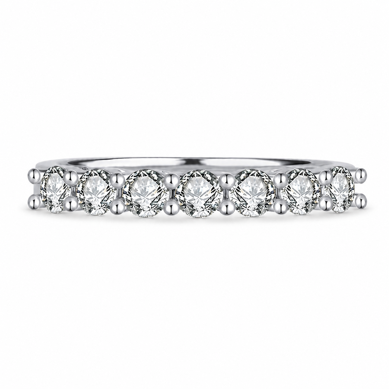 Seven-stone round moissanite wedding band in polished silver