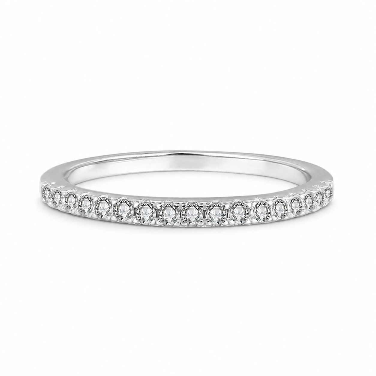 Slim straight pave moissanite wedding band in polished silver