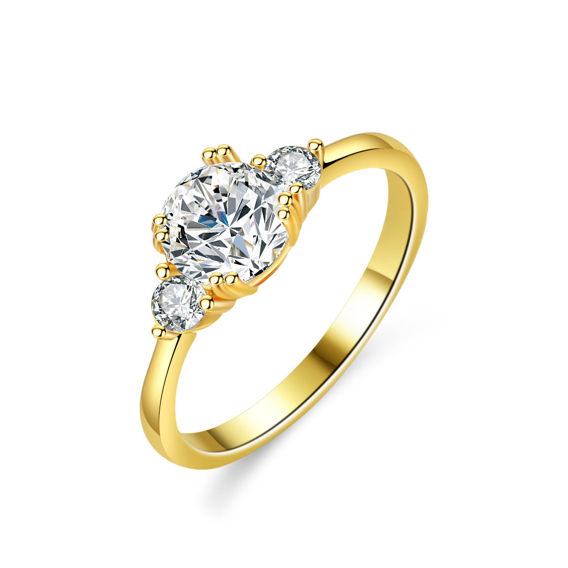 Yellow gold tone three-stone round moissanite ring on a white background