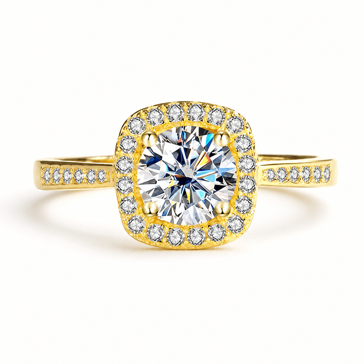 Front view of a yellow gold tone square halo round moissanite ring