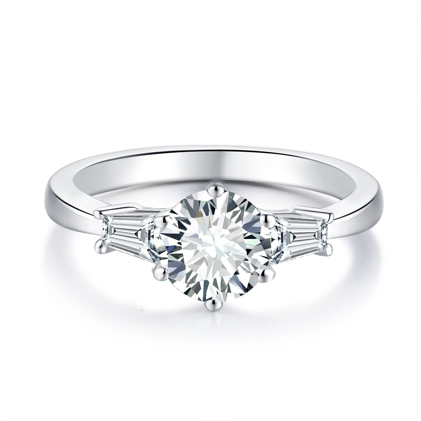Six-prong round moissanite ring with tapered baguette side stones in silver