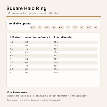 Gallery 2026 · Square halo ring US size and carat guide