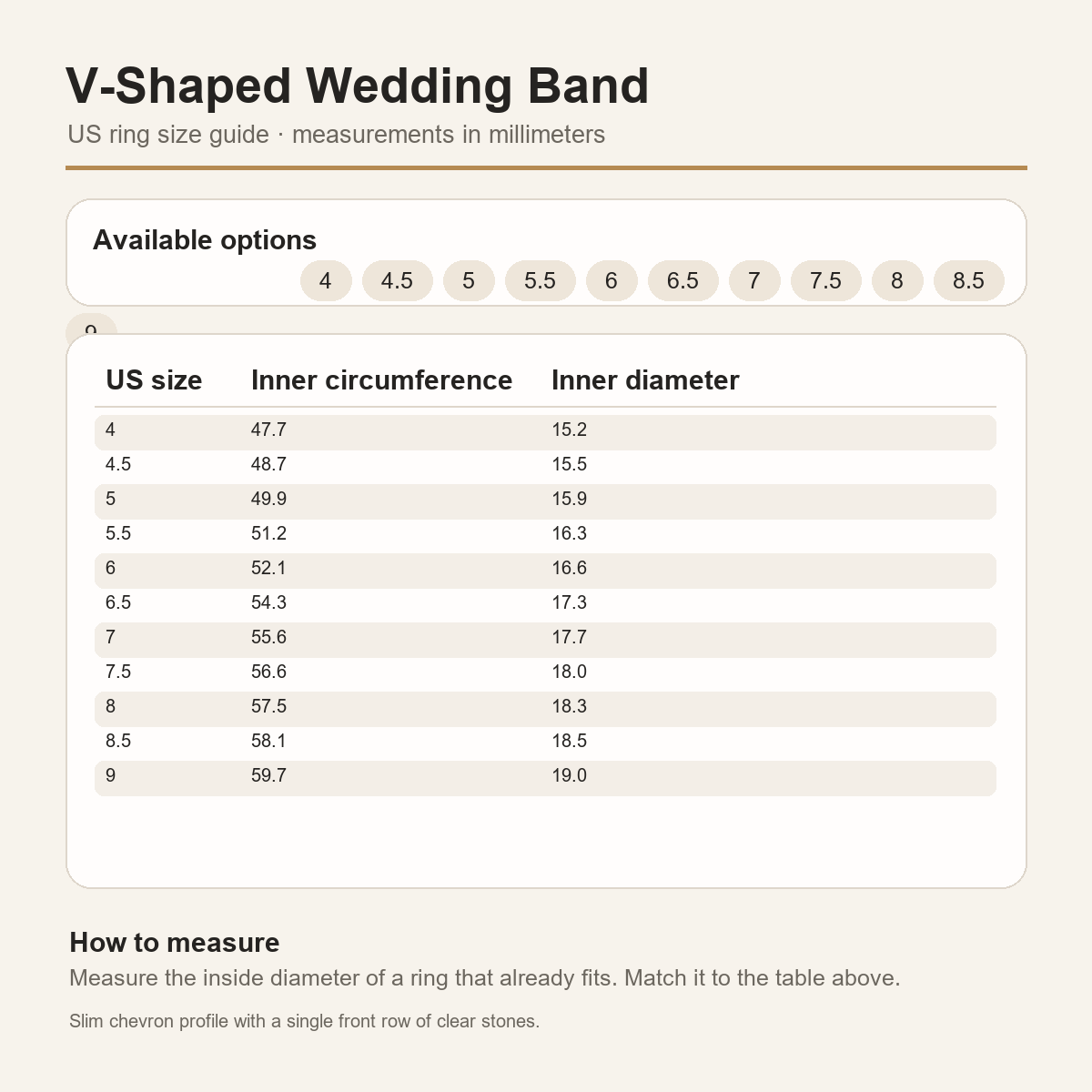 Gallery 2026 · V-shaped wedding band US size guide