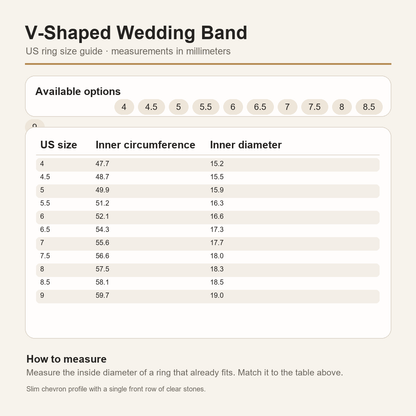 Gallery 2026 · V-shaped wedding band US size guide