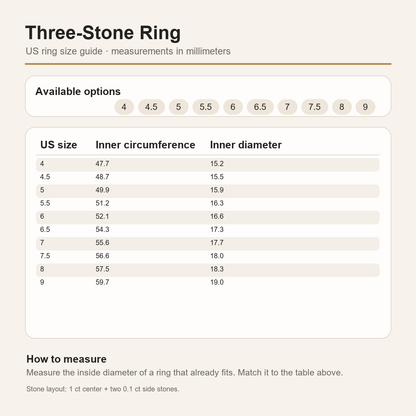 Gallery 2026 · Three-stone ring US size and stone guide