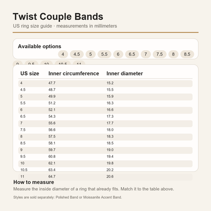 Gallery 2026 · Twist couple bands US size guide