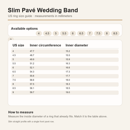 Gallery 2026 · Slim pavé wedding band US size guide