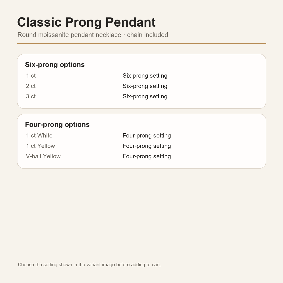 Gallery 2026 · Classic pendant setting and carat guide