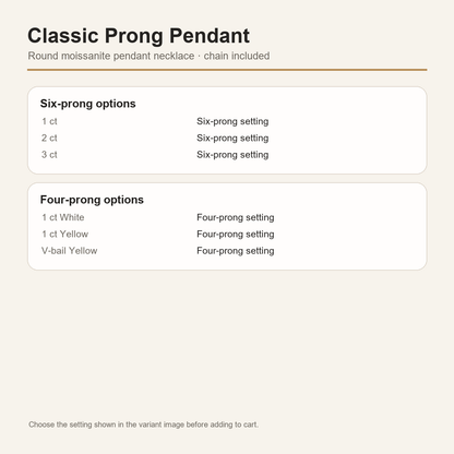 Gallery 2026 · Classic pendant setting and carat guide