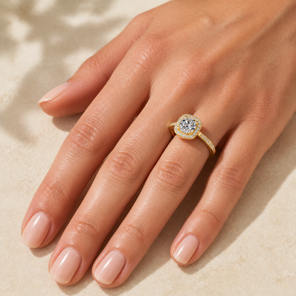 Gallery 2026 · Square halo yellow gold ring worn on hand