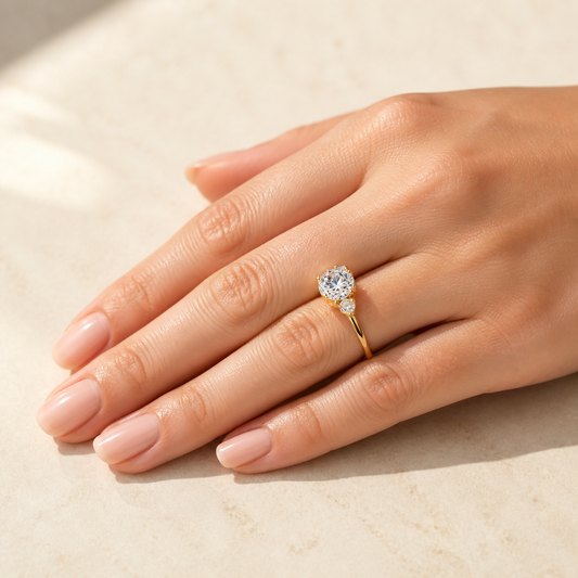 Gallery 2026 · Yellow gold three-stone ring worn on hand