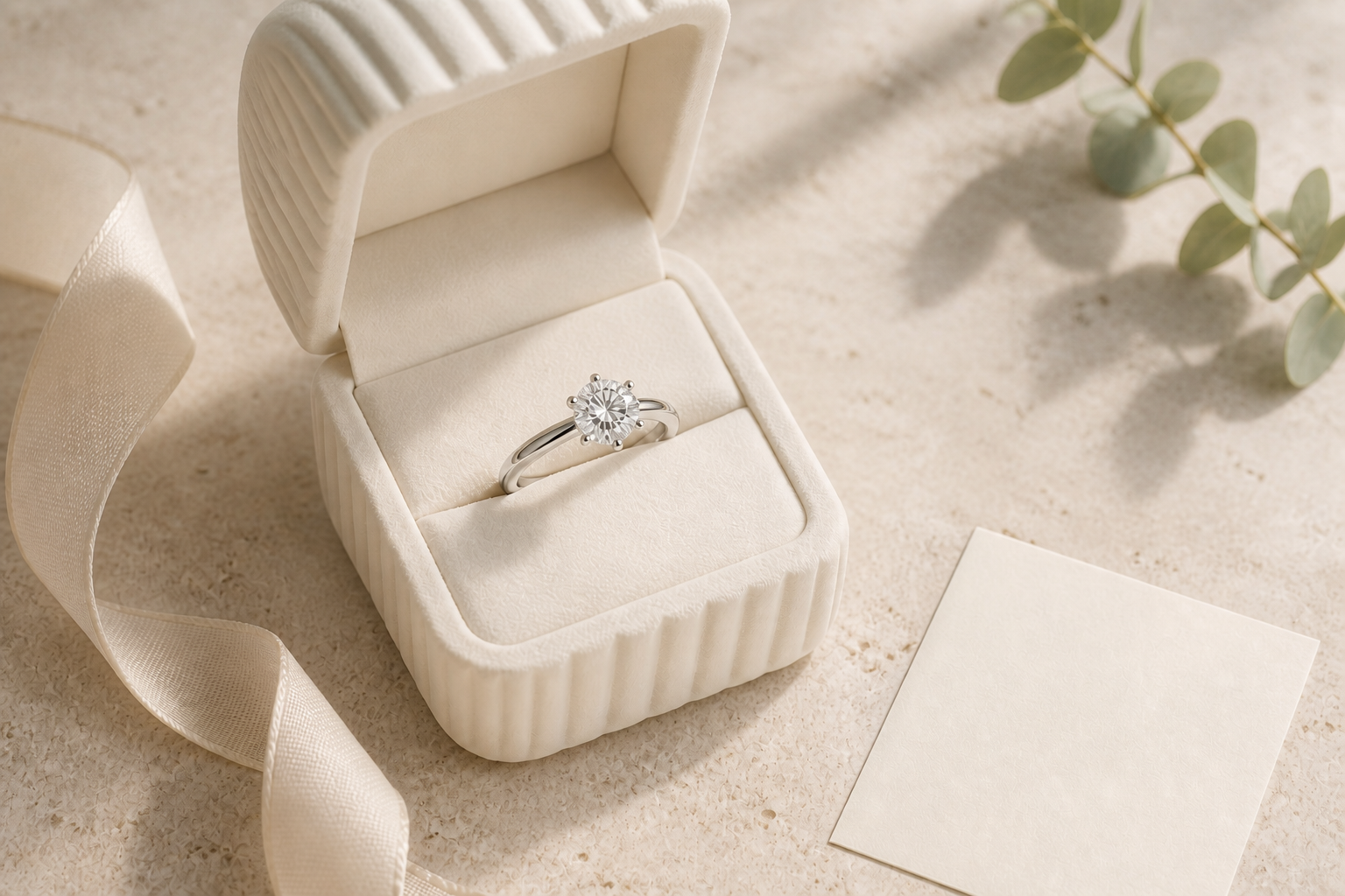 Six-prong moissanite ring presented in an ivory jewelry box on warm stone