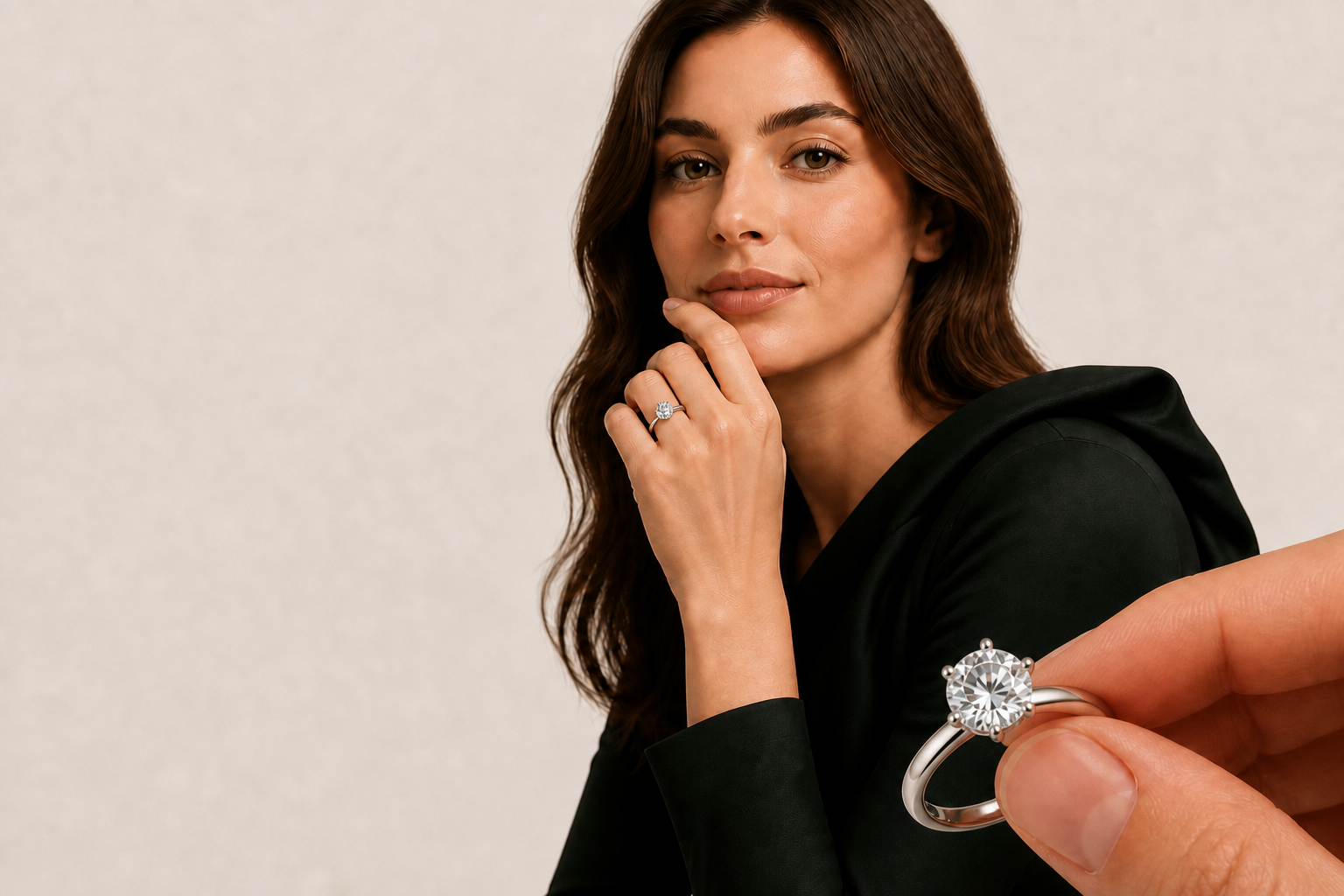 Woman wearing a classic six-prong lab-created moissanite ring