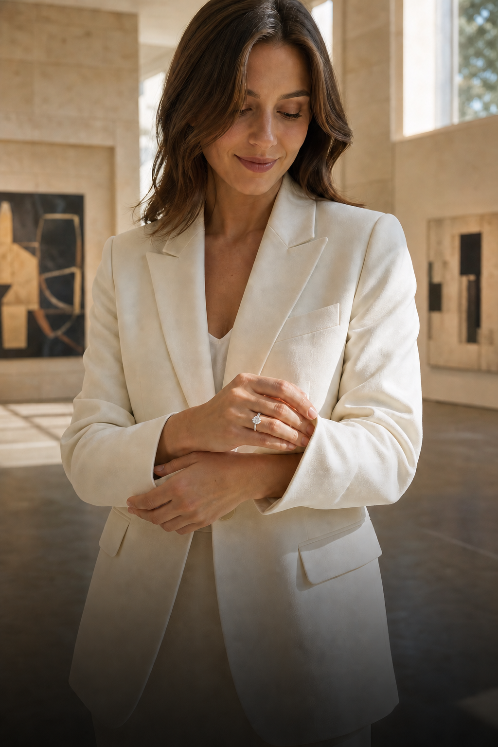 Woman wearing a classic six-prong moissanite ring in a contemporary gallery