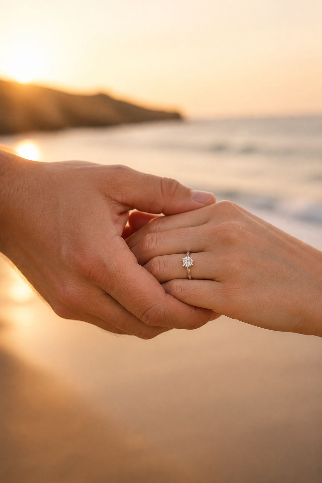 One masculine hand and one feminine hand wearing a classic six-prong moissanite ring