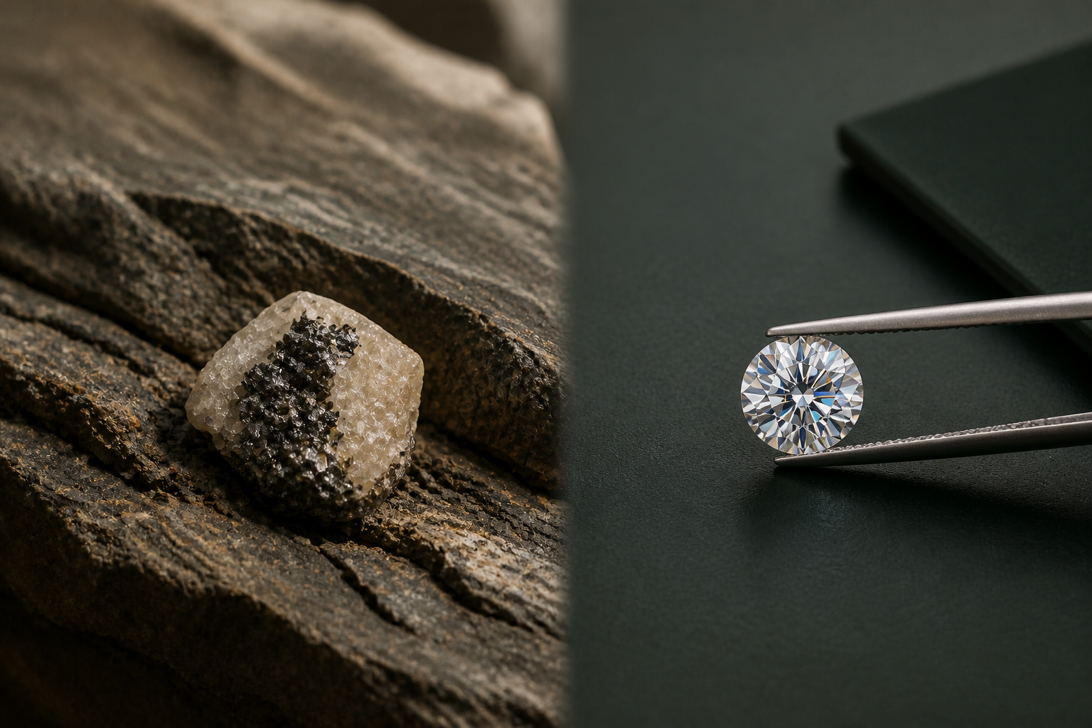 Natural mineral texture beside a loose lab-created moissanite held in jeweler tweezers