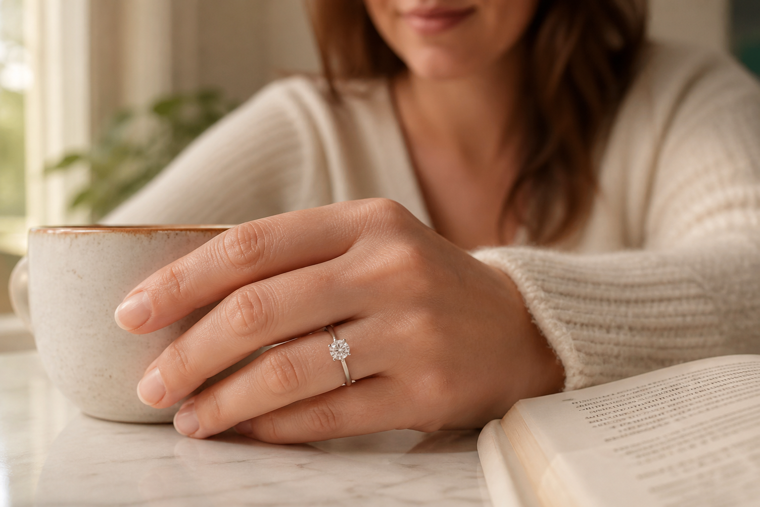 Woman wearing a classic closed-band moissanite solitaire ring in everyday light