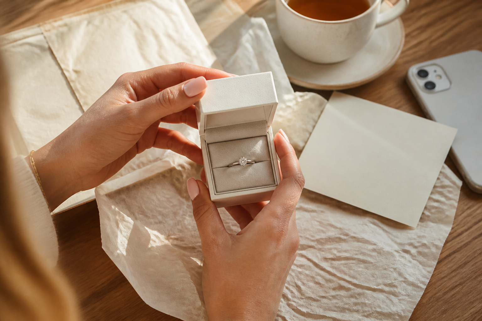 Moissanite ring presented in a jewelry box