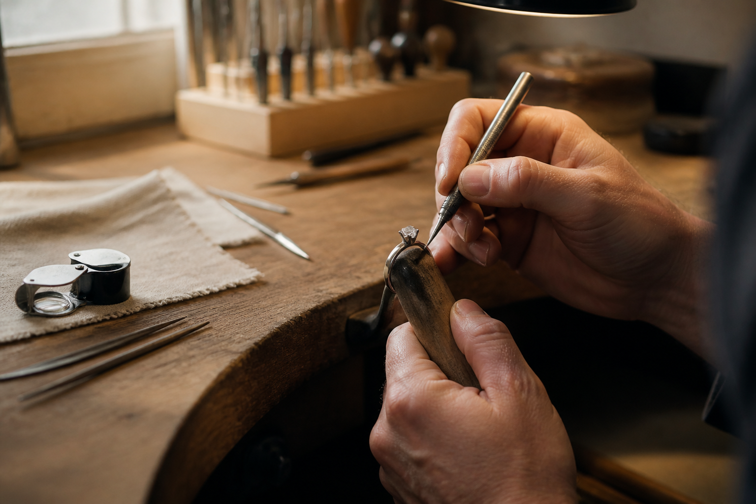Jewelry setting being finished by hand