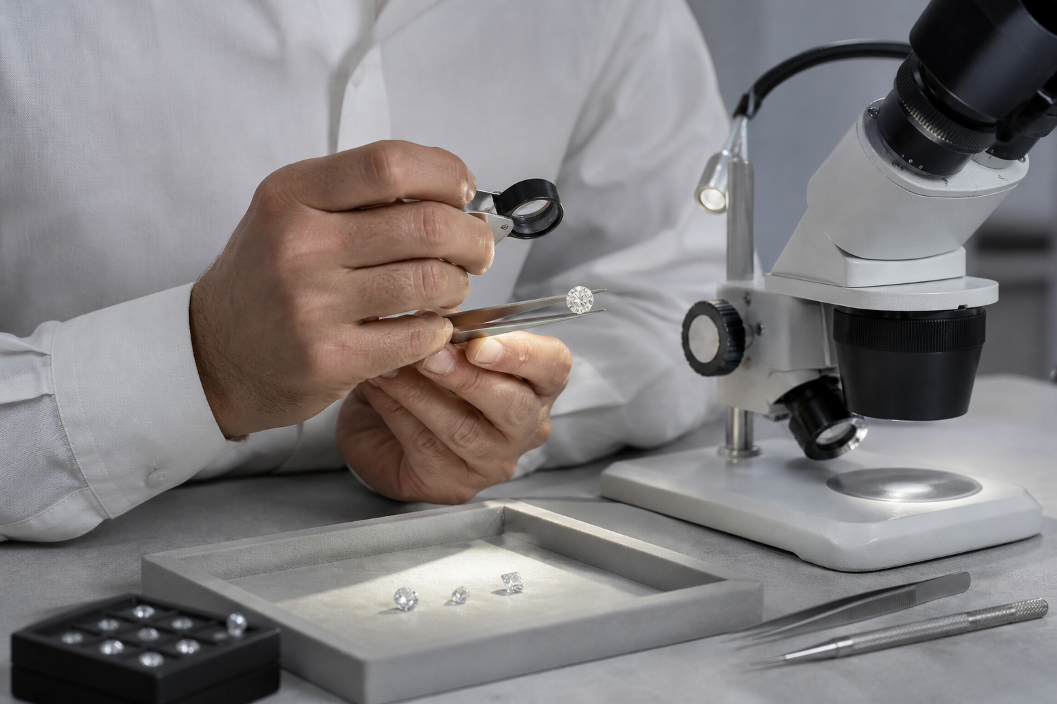 Loose moissanite being inspected with jewelry tools