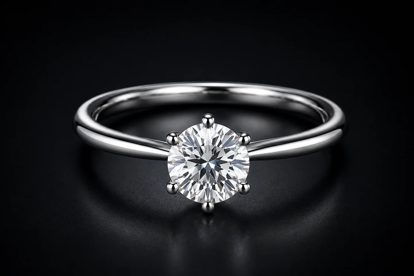 Six-prong round moissanite solitaire ring in polished silver, shown against a dark studio background